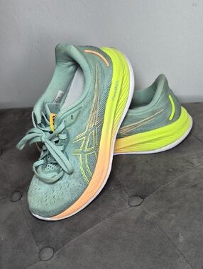 ASICS Women's Mint Green Running Shoes with Neon Yellow and Peach Accents 7